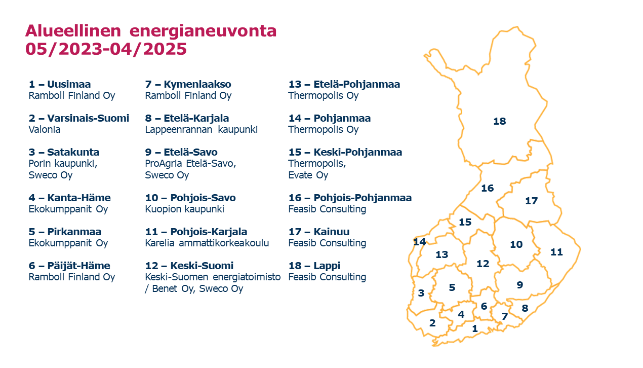 Alueellinen energianeuvojat listattuna kartalle 18 eri alueella