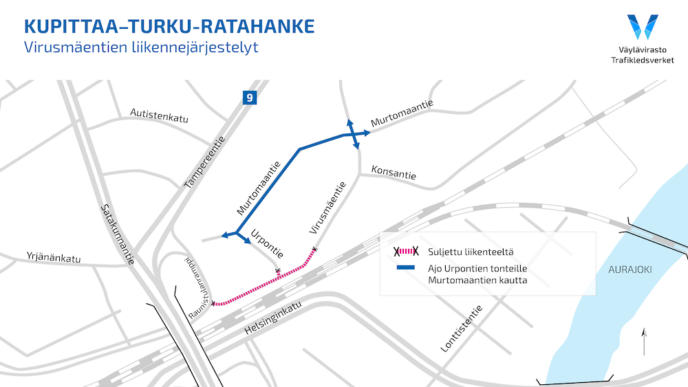 Kartta Virusmäentien liikennejärjestelyistä.